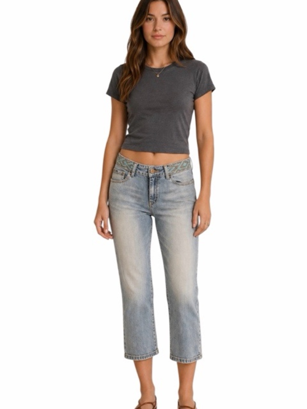 Cache Embellished Waist Cropped Jeans‎